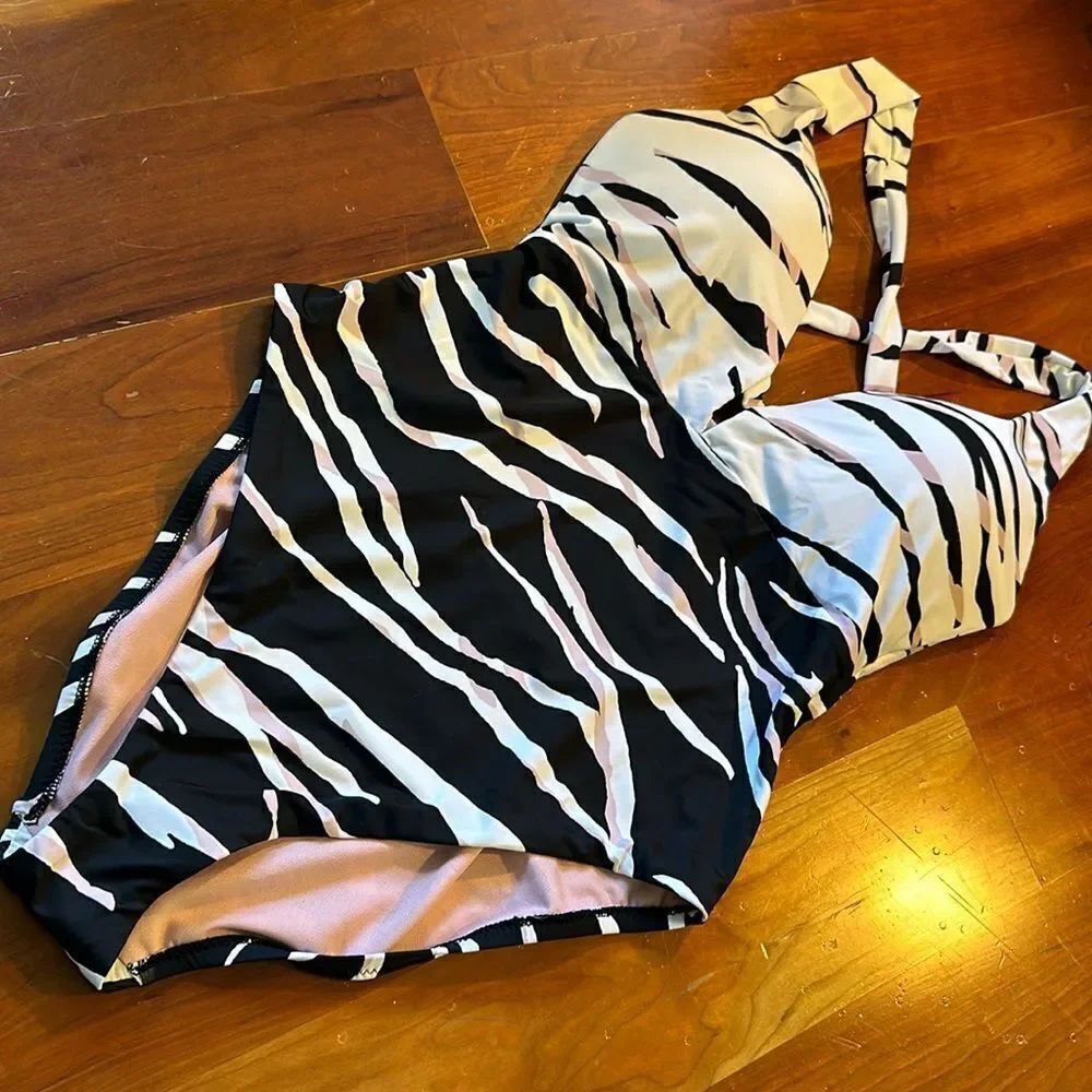 Amavi zebra stripe halter one piece swimsuit